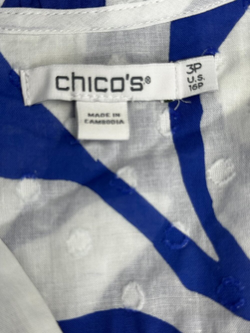 Chicos Flutter Sleeve Smocked Petite Maxi Dress Blue White Clip Dot Sz 16P - Picture 12 of 16